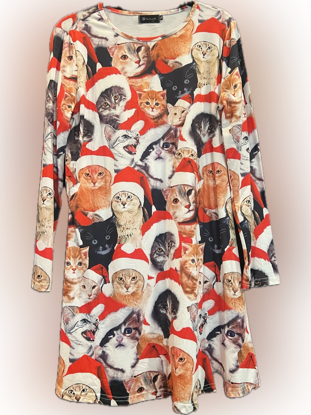 Cat-Print Dress with Santa Hat Motif